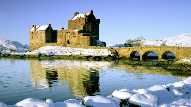 Castle bridge snowy water mountains free wallpaper - medium preview image