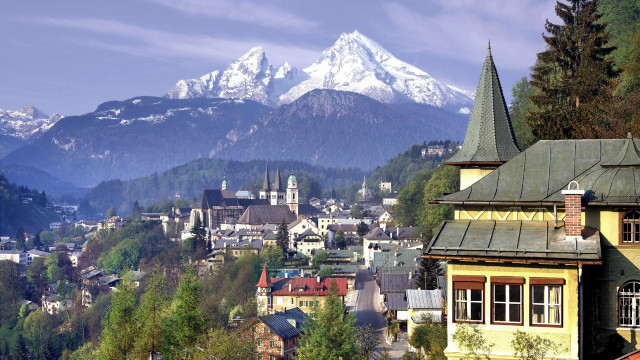 Town mountain snow capped bridge free wallpaper - medium preview image