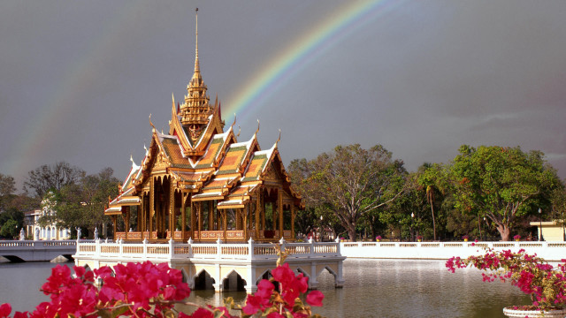 Rainbow sky building bridge flowers free wallpaper - medium preview image