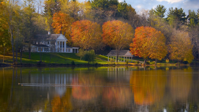 House lake autumn trees fall free wallpaper - medium preview image