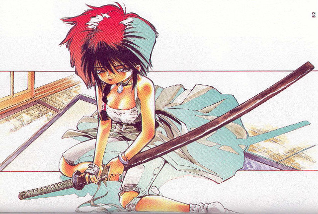 Red haired sword woman kneeling free wallpaper - medium preview image