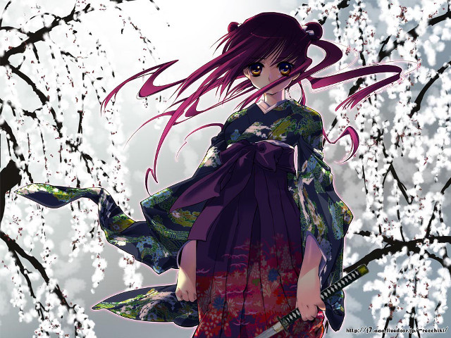 Woman kimono sword flower tree free wallpaper - medium preview image