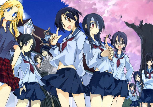 Schoolgirls cherryblossoms tree uniforms smile free wallpaper - medium preview image