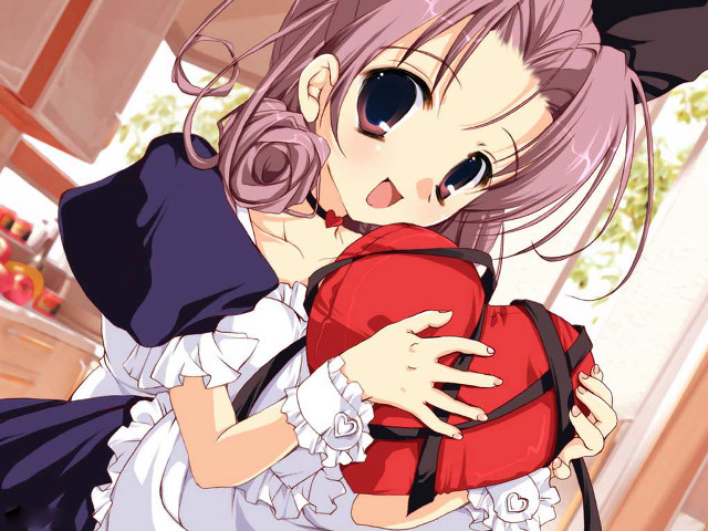Woman holding heart pillow anime free wallpaper - medium preview image