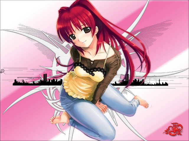 Red hair girl sitting cityscape free wallpaper - medium preview image