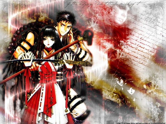 Anime couple swords red background free wallpaper - medium preview image