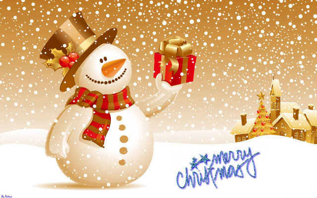 Snowman holding gift snow background free wallpaper - medium preview image