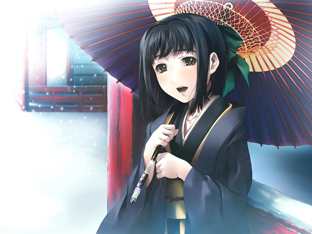 Woman kimono umbrella snow red free wallpaper - medium preview image