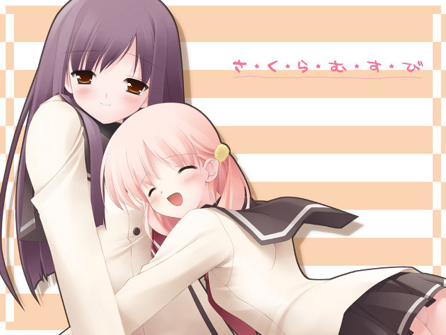 Anime girls hug striped background free wallpaper - medium preview image