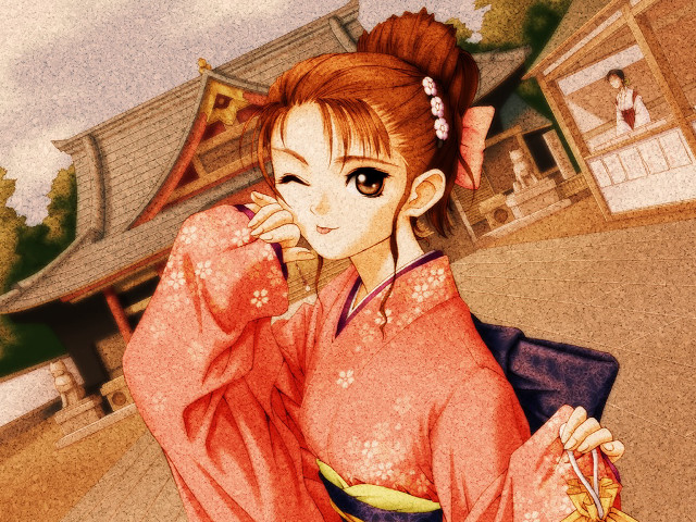 Woman kimono cellphone pagoda architecture free wallpaper - medium preview image