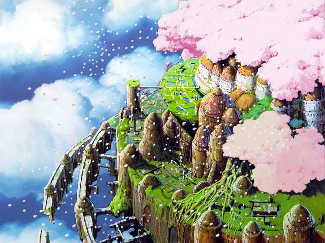 Castle train sky clouds cherry free wallpaper - medium preview image