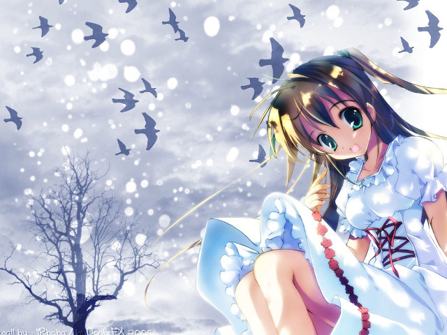 Snow girl white dress birds free wallpaper for desktop - medium preview image