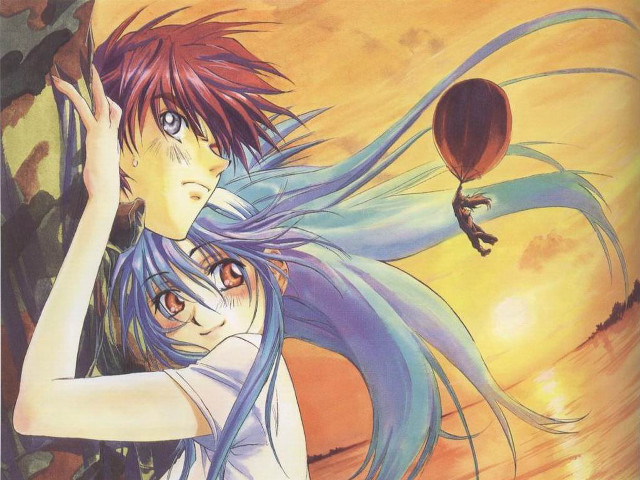 Sunset anime couple watercolor hug free wallpaper - medium preview image