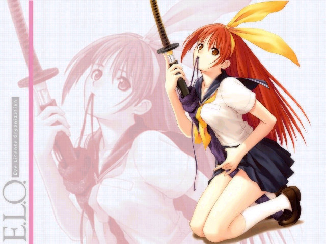 Girl sword anime redhair kneeling free wallpaper - medium preview image