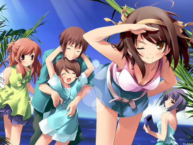 Ocean palm trees group girls free wallpaper - medium preview image