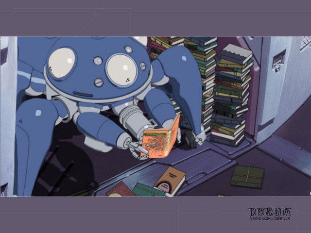 Robot reading book bookshelves desk free wallpaper - medium preview image