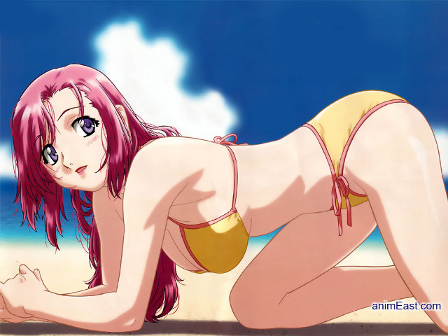 Beach blonde pinkhair purpleeyes bikini free wallpaper for desktop - medium preview image