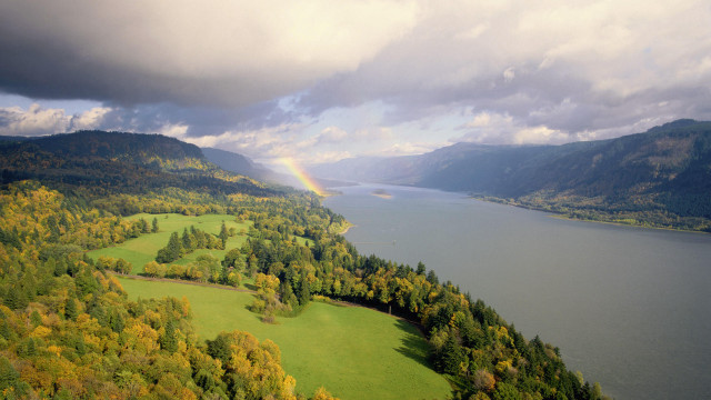 Rainbow lake mountains trees scenery free wallpaper - medium preview image