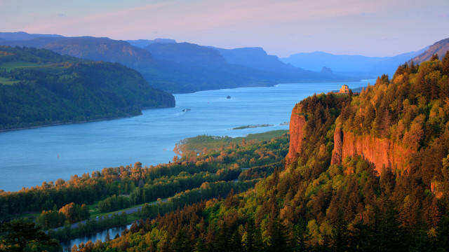 Scenic river mountains boat water free wallpaper - medium preview image