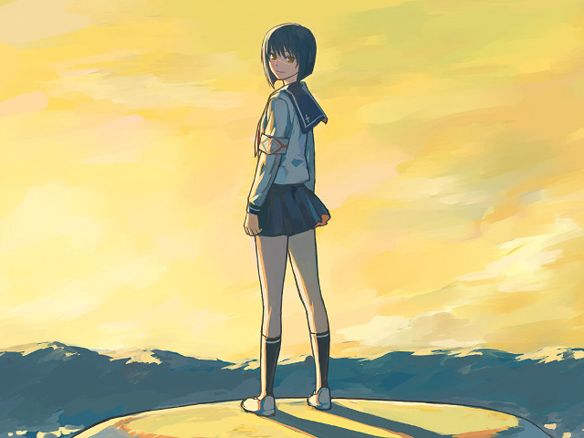 Girl surfboard ocean yellow sky free wallpaper - medium preview image