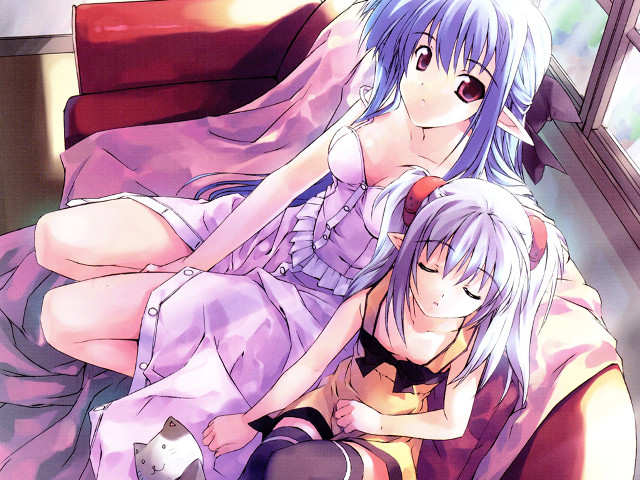 Anime elf girls bed cats free wallpaper - medium preview image