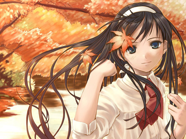 Girl autumn leaves river impressionism free wallpaper - medium preview image