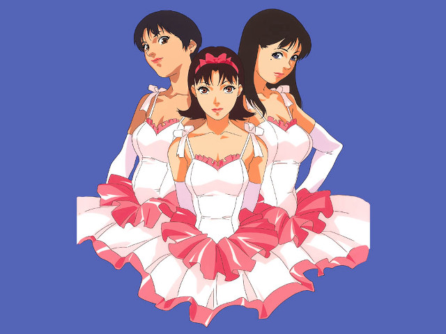 Three anime girls pink dress free wallpaper - medium preview image