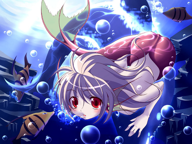 Girl blue dress floating fish free wallpaper - medium preview image