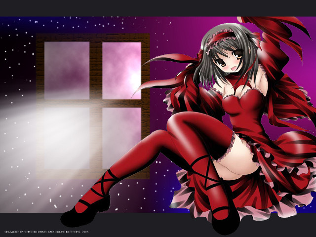 Red dress woman window sill free wallpaper - medium preview image