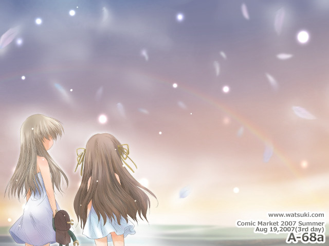 Beach rainbow two girls impressionism free wallpaper - medium preview image