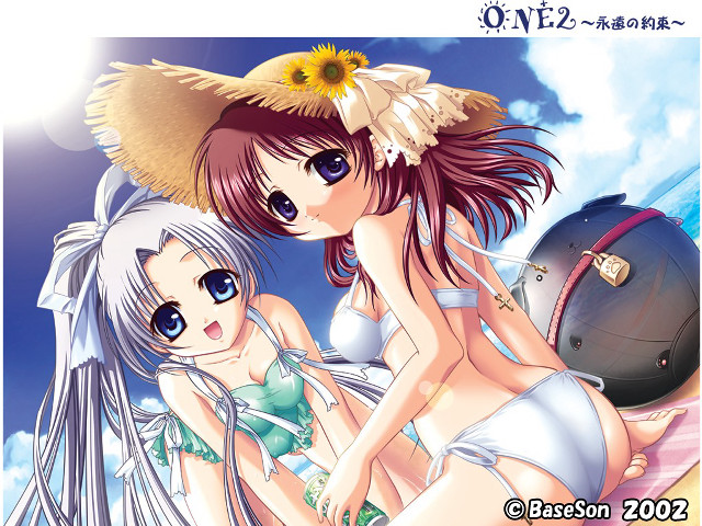 Anime girls beach bikini hats free wallpaper - medium preview image