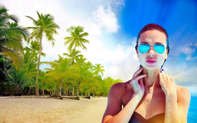 Beach woman sunglasses palm trees free wallpaper - medium preview image
