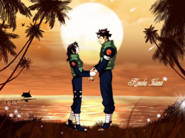 Romantic anime ocean palm trees free wallpaper - medium preview image