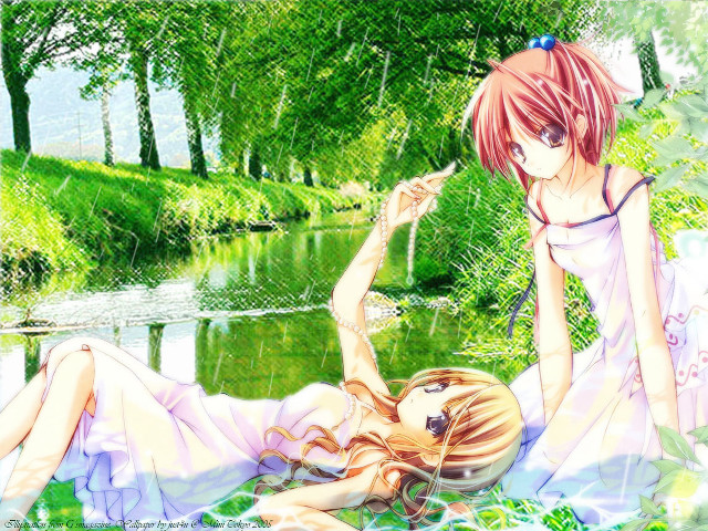 Anime girls pond fence dappled free wallpaper - medium preview image