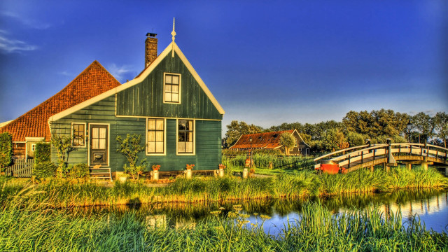 Green house bridge pond background free wallpaper - medium preview image