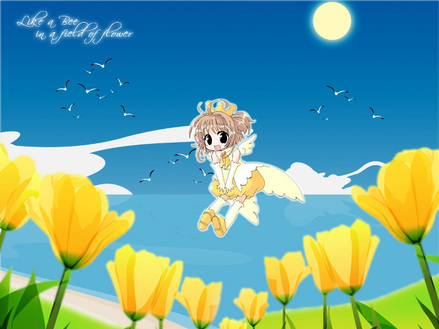 Cartoon girl flying yellow flowers free wallpaper - medium preview image
