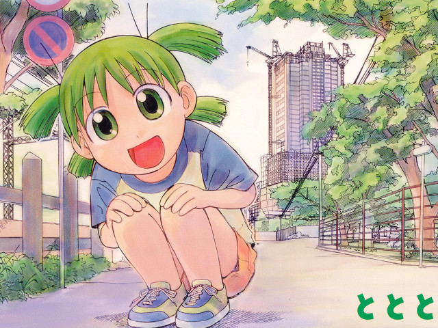 Green hair girl cityscape squatting free wallpaper - medium preview image