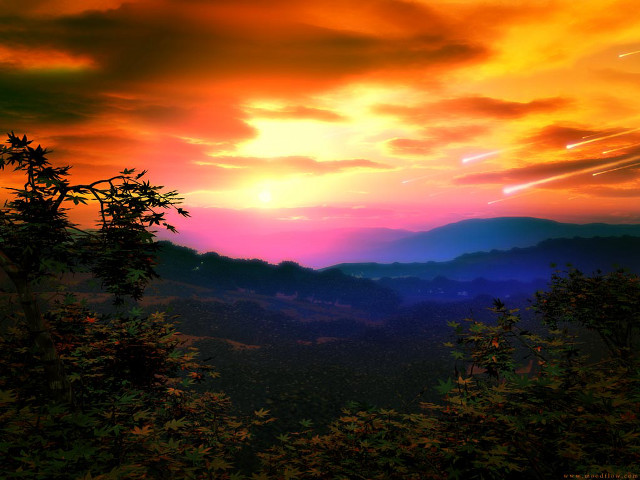 Sunset mountains trees foreground cityscape free wallpaper - medium preview image