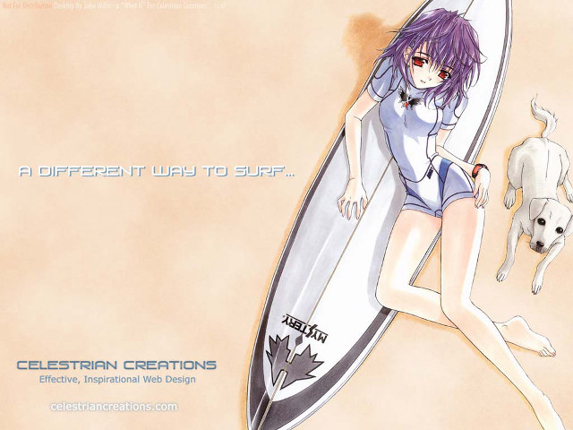 Woman surfboard dog beach anime free wallpaper - medium preview image