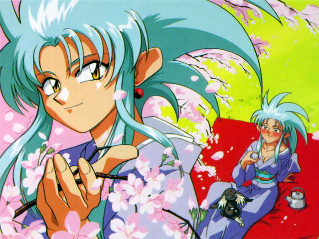 Blue hair cat kimono sitting free wallpaper - medium preview image
