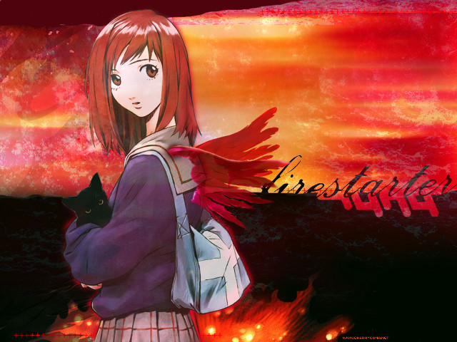 Girl cat fire sunset illustration free wallpaper - medium preview image