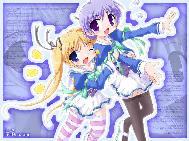 Anime hugging girls purple background free wallpaper - medium preview image