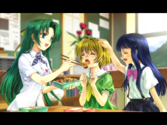 Group girls food blurry characters free wallpaper - medium preview image