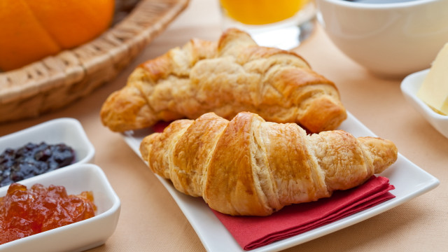 Croissants fruit jam cheese table free wallpaper - medium preview image
