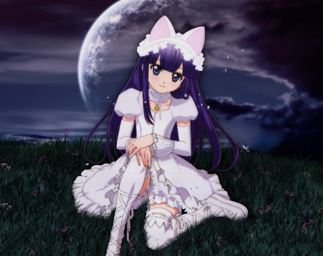 Girl white dress grass fullmoon free wallpaper - medium preview image