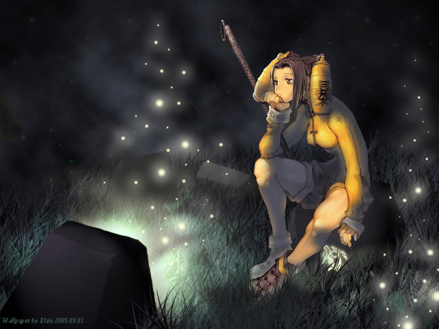 Fantasy anime man sitting fireflies free wallpaper - medium preview image