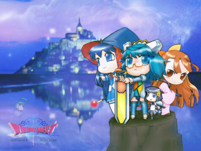Cliff castle lake cartoon 4girls free wallpaper - medium preview image