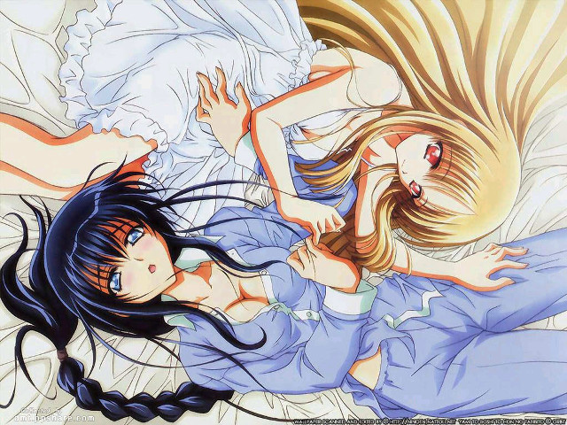 Anime girls bed hug pillow free wallpaper - medium preview image