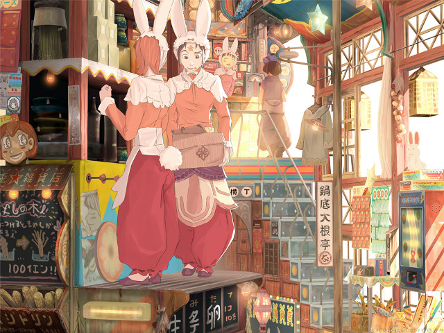 Woman storefront rabbit magic illustration free wallpaper - medium preview image