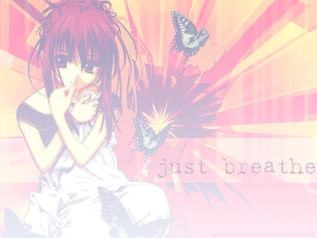 Redhair butterfly wings pinkbackground animecover free wallpaper - medium preview image